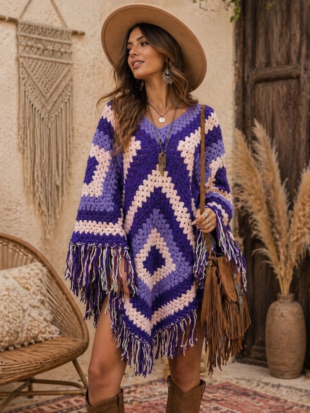Vintage Handcrafted Granny Stitch Purple Chevron Knit Poncho